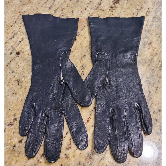 Vintage Size S 6 Black Leather Formal 10" Gloves Stitching Detail Geometric - Picture 6 of 16